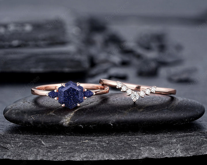 Vintage Hexagon Cut Blue Sandstone Engagement Ring Set, Unique 14K Rose Gold Three Stones Promise Ring, Sparkle Starry Stone Wedding Ring - ShainJewelry