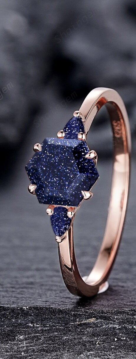 Vintage Hexagon Cut Blue Sandstone Engagement Ring Set, Unique 14K Rose Gold Three Stones Promise Ring, Sparkle Starry Stone Wedding Ring - ShainJewelry