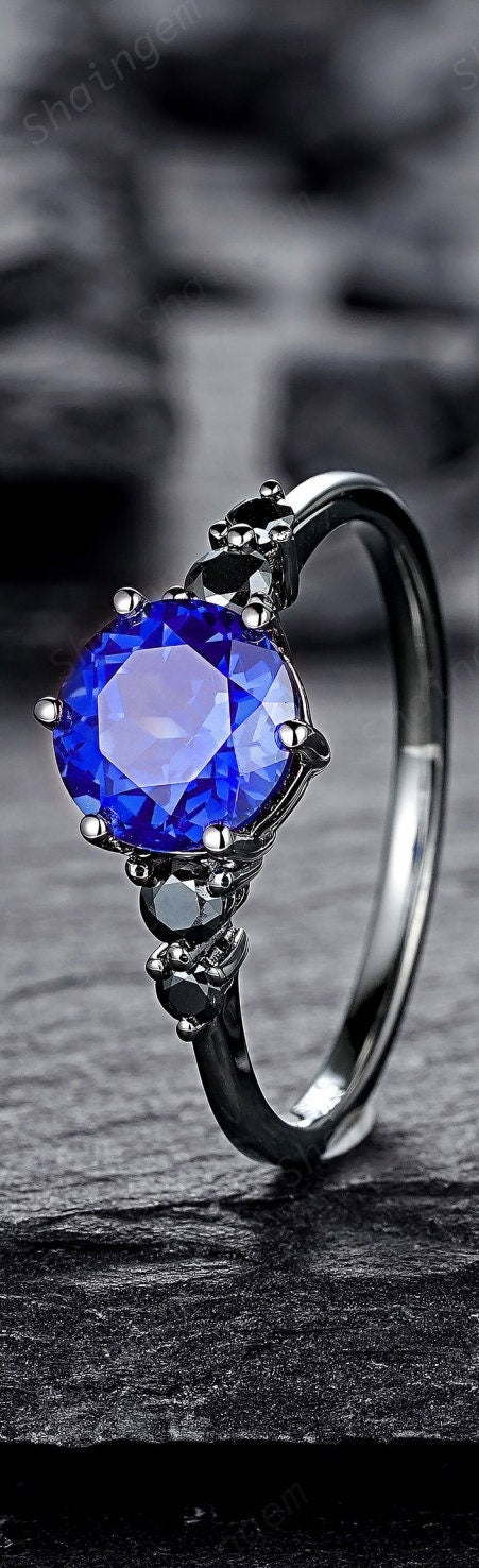 Vintage Black Gold Round Shape Blue Sapphire Engagement Ring, Black Rhodium Sapphire Wedding Set, Unique Dark Bridal Set, Black Promise Ring - ShainJewelry