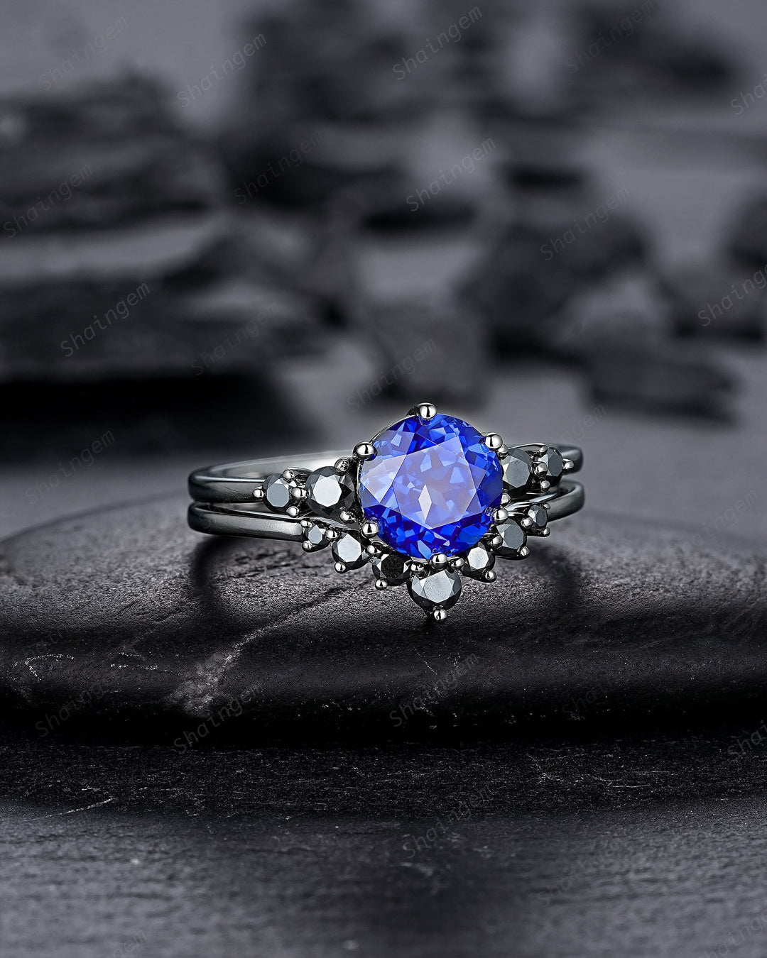 Vintage Black Gold Round Shape Blue Sapphire Engagement Ring, Black Rhodium Sapphire Wedding Set, Unique Dark Bridal Set, Black Promise Ring - ShainJewelry