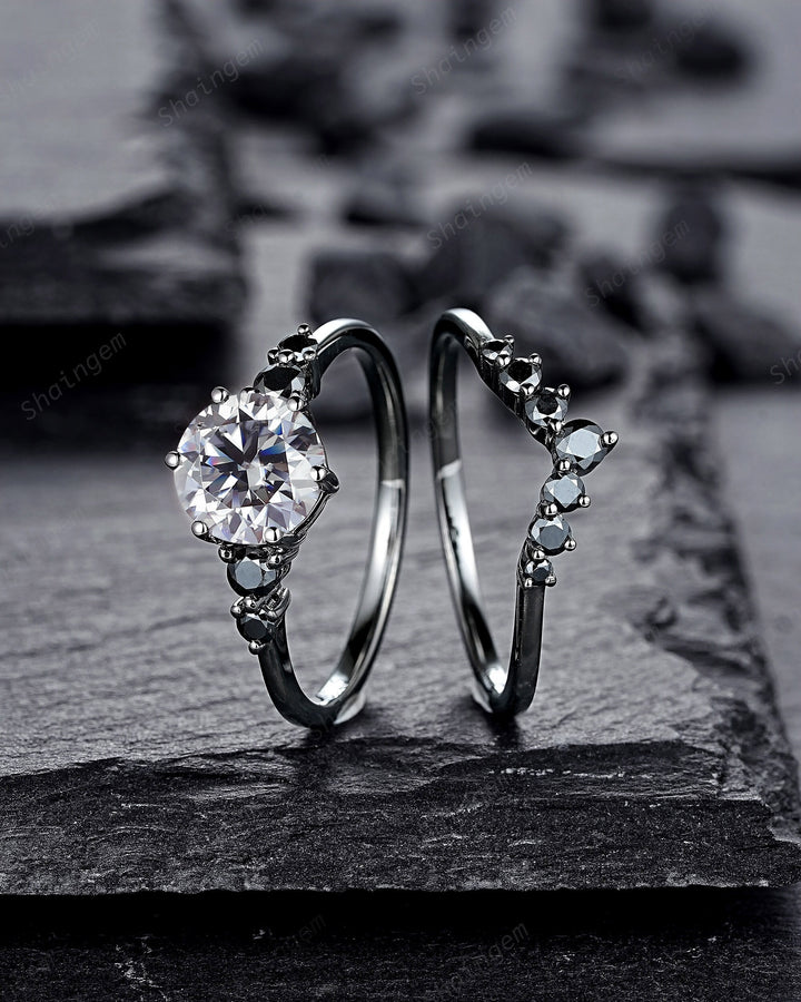 Vintage Black Gold Round Gray Moissanite Engagement Ring, Rhodium Black Grey Moissanite Wedding Ring Set, Gothic Bridal Set Promise Ring - ShainJewelry