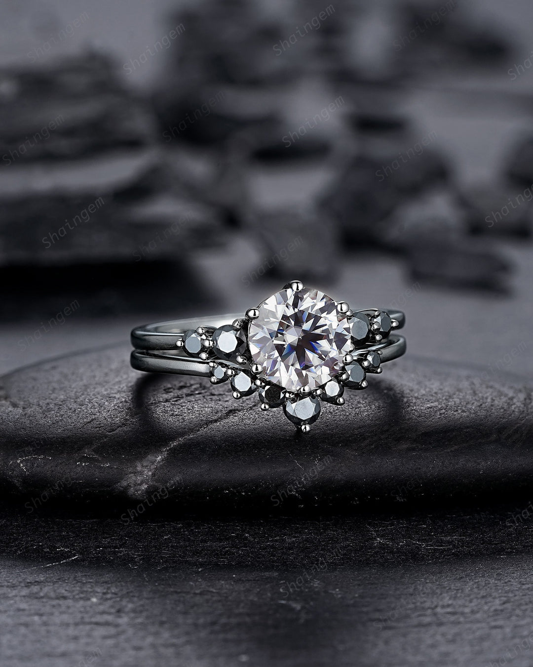 Vintage Black Gold Round Gray Moissanite Engagement Ring, Rhodium Black Grey Moissanite Wedding Ring Set, Gothic Bridal Set Promise Ring - ShainJewelry