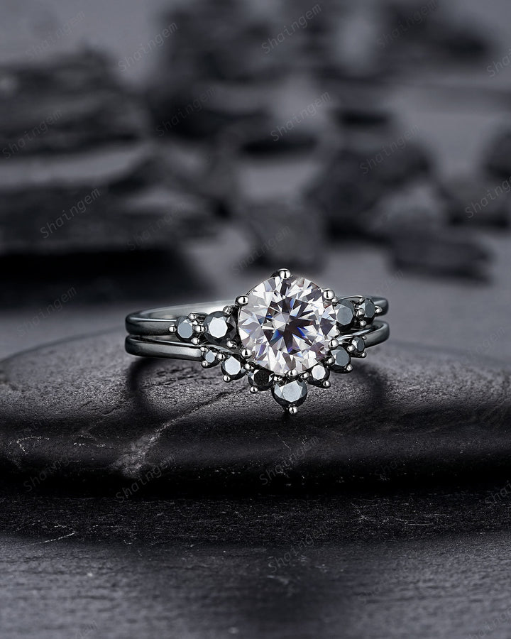Vintage Black Gold Round Gray Moissanite Engagement Ring, Rhodium Black Grey Moissanite Wedding Ring Set, Gothic Bridal Set Promise Ring - ShainJewelry