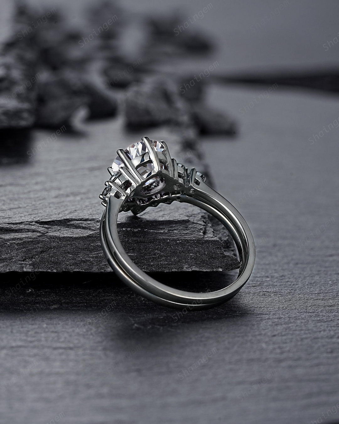 Vintage Black Gold Round Gray Moissanite Engagement Ring, Rhodium Black Grey Moissanite Wedding Ring Set, Gothic Bridal Set Promise Ring - ShainJewelry