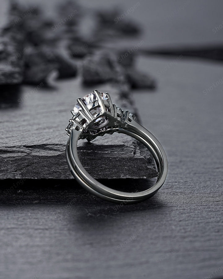 Vintage Black Gold Round Gray Moissanite Engagement Ring, Rhodium Black Grey Moissanite Wedding Ring Set, Gothic Bridal Set Promise Ring - ShainJewelry
