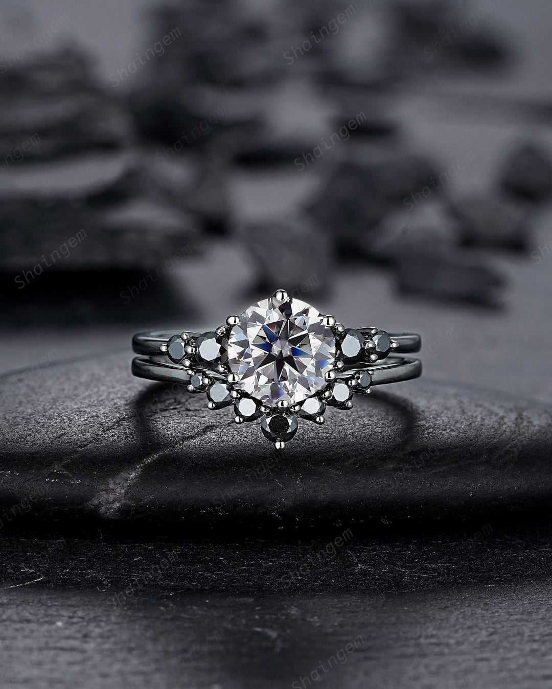 Vintage Black Gold Round Gray Moissanite Engagement Ring, Rhodium Black Grey Moissanite Wedding Ring Set, Gothic Bridal Set Promise Ring - ShainJewelry