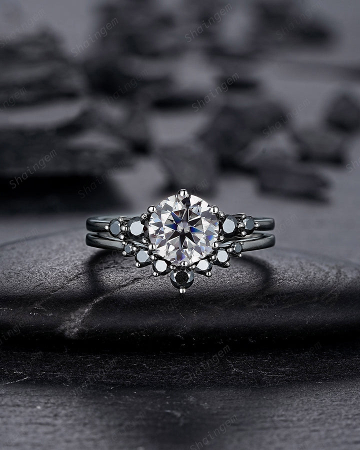 Vintage Black Gold Round Gray Moissanite Engagement Ring, Rhodium Black Grey Moissanite Wedding Ring Set, Gothic Bridal Set Promise Ring - ShainJewelry