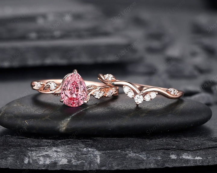 Vintage Pear Shape Padparadscha Pink Sapphire and Moissanite Engagement Ring Set, Rose Gold Twig Branch Wedding Ring Bridal Set, Promise Ring - ShainJewelry