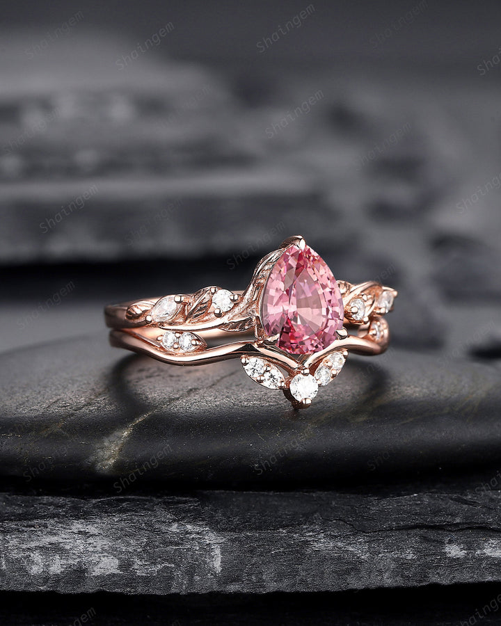 Vintage Pear Shape Padparadscha Pink Sapphire and Moissanite Engagement Ring Set, Rose Gold Twig Branch Wedding Ring Bridal Set, Promise Ring - ShainJewelry