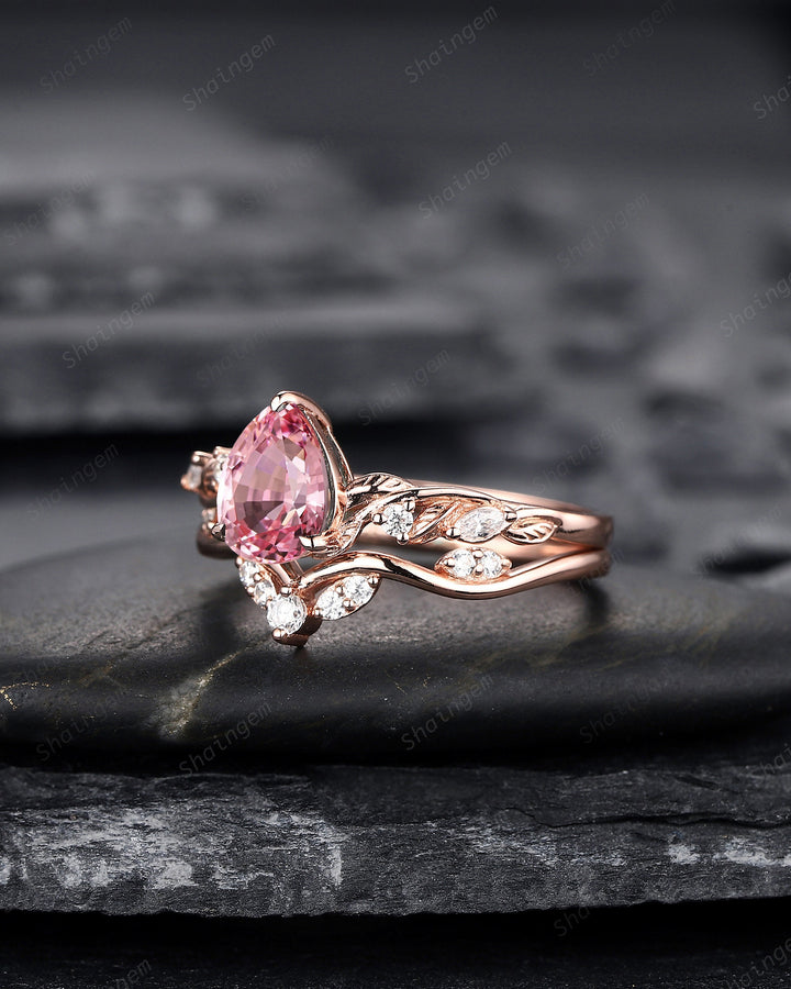 Vintage Pear Shape Padparadscha Pink Sapphire and Moissanite Engagement Ring Set, Rose Gold Twig Branch Wedding Ring Bridal Set, Promise Ring - ShainJewelry