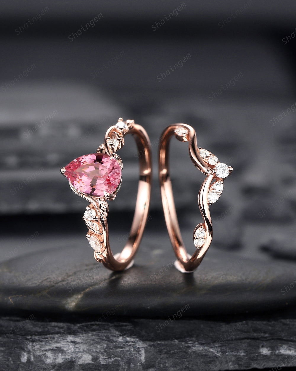 Vintage Pear Shape Padparadscha Pink Sapphire and Diamond Engagement Ring Set, Rose Gold Twig Branch Wedding Ring Bridal Set, Promise Ring - ShainJewelry