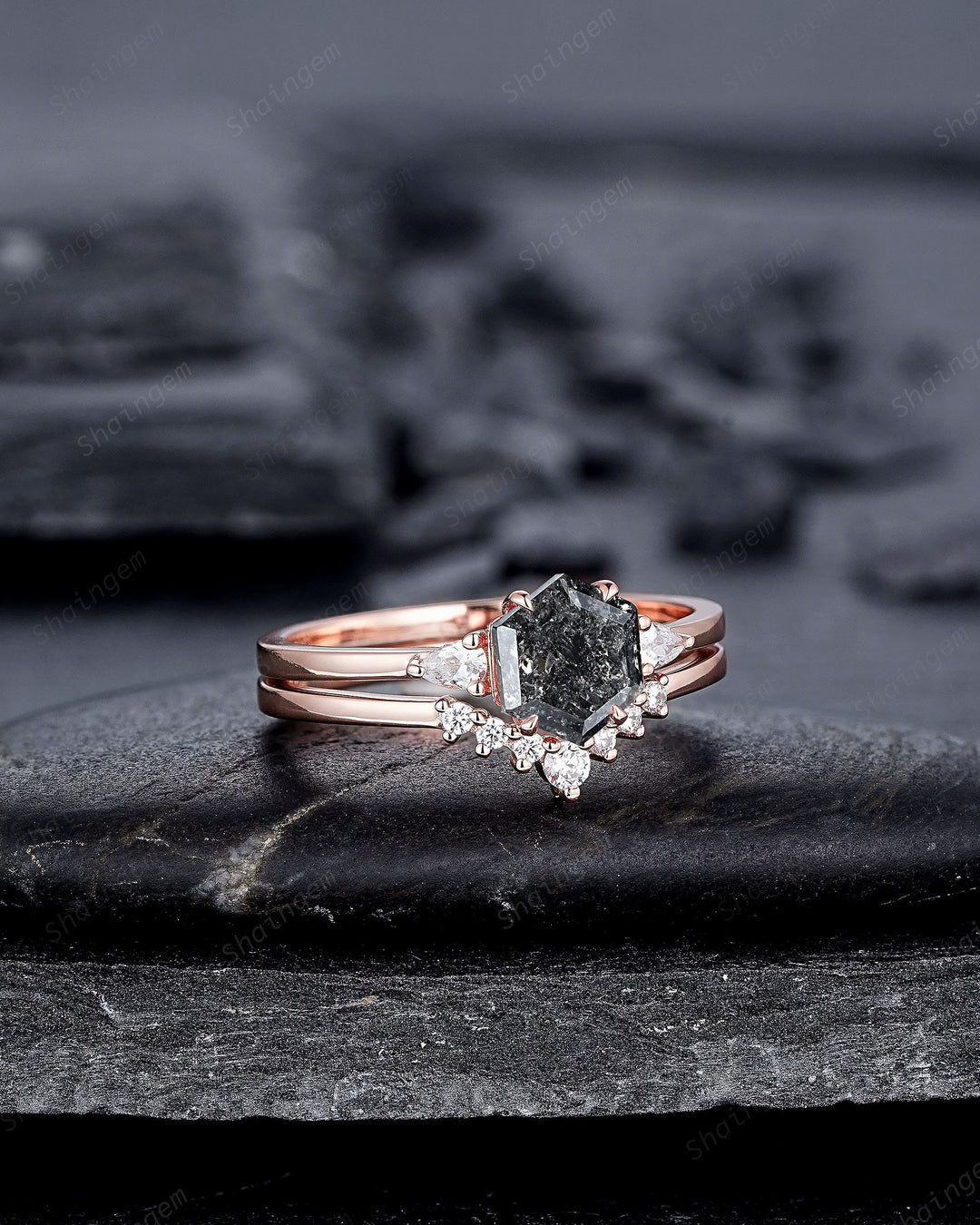 Hexagon Shape Salt and Pepper Diamond Engagement Ring Set, 18K Rose Gold Natural Gray Diamond Promise Ring, Platinum Annivesary Ring Gift - ShainJewelry