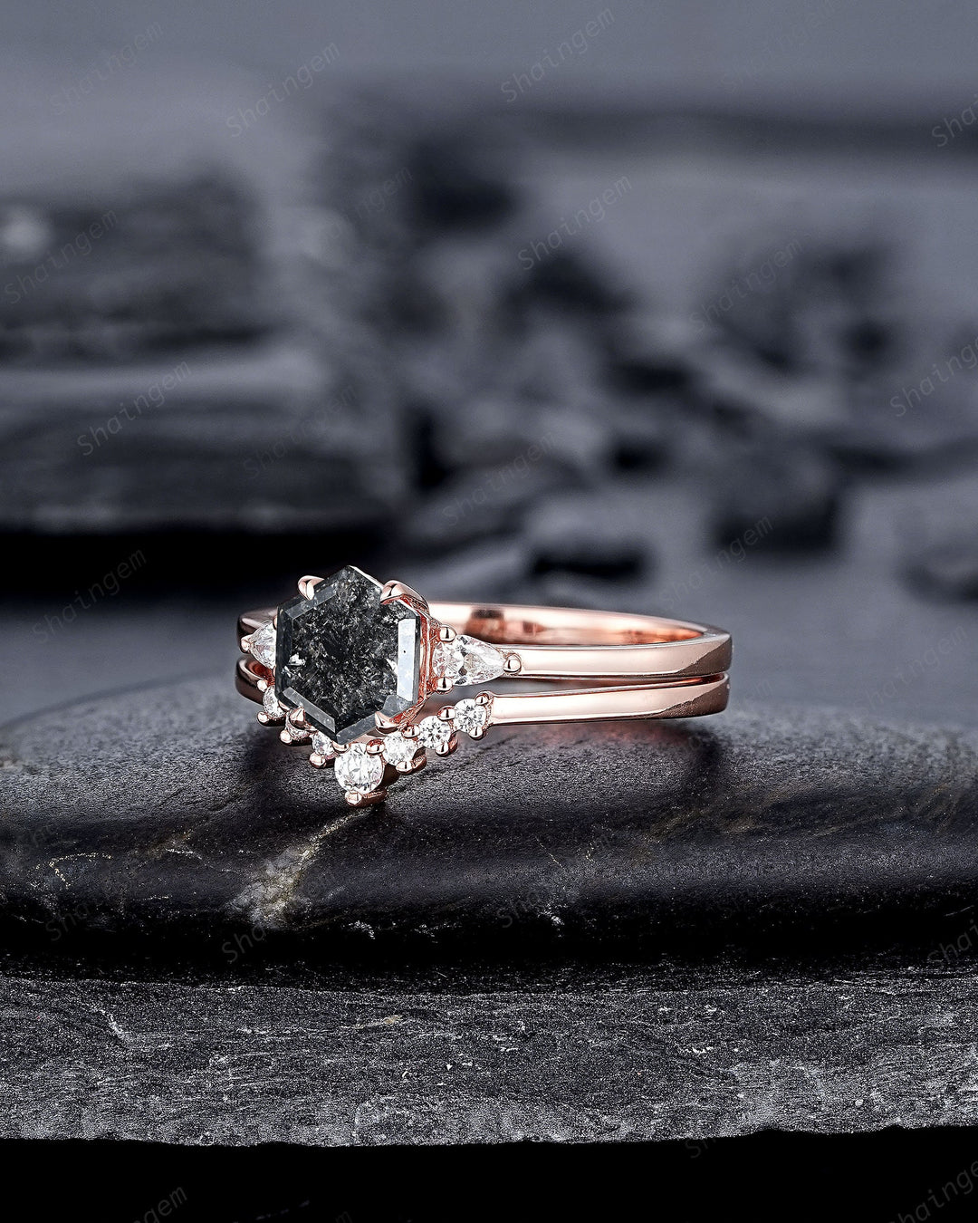 Hexagon Shape Salt and Pepper Diamond Engagement Ring Set, 18K Rose Gold Natural Gray Diamond Promise Ring, Platinum Annivesary Ring Gift - ShainJewelry