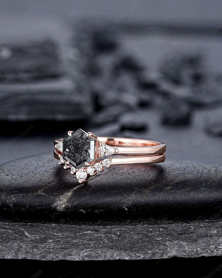 Hexagon Shape Salt and Pepper Diamond Engagement Ring Set, 18K Rose Gold Natural Gray Diamond Promise Ring, Platinum Annivesary Ring Gift - ShainJewelry