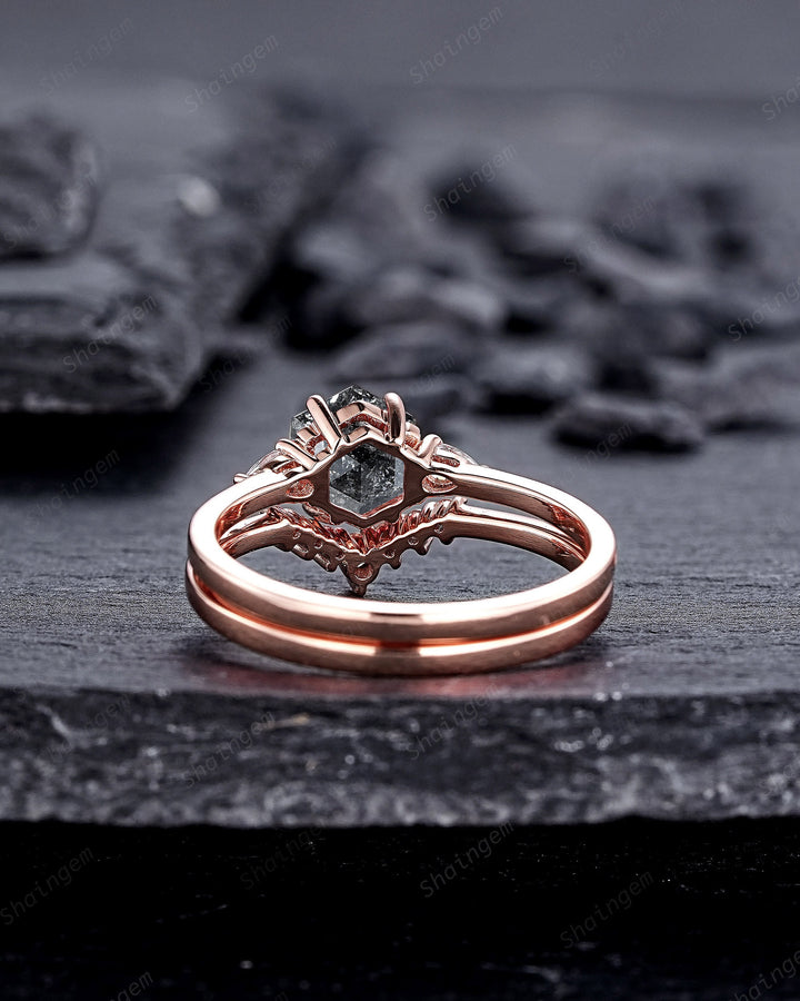 Hexagon Shape Salt and Pepper Diamond Engagement Ring Set, 18K Rose Gold Natural Gray Diamond Promise Ring, Platinum Annivesary Ring Gift - ShainJewelry
