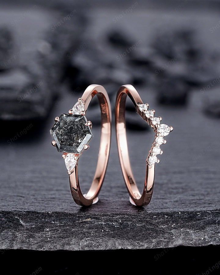 Hexagon Shape Salt and Pepper Diamond Engagement Ring Set, 18K Rose Gold Natural Gray Diamond Promise Ring, Platinum Annivesary Ring Gift - ShainJewelry