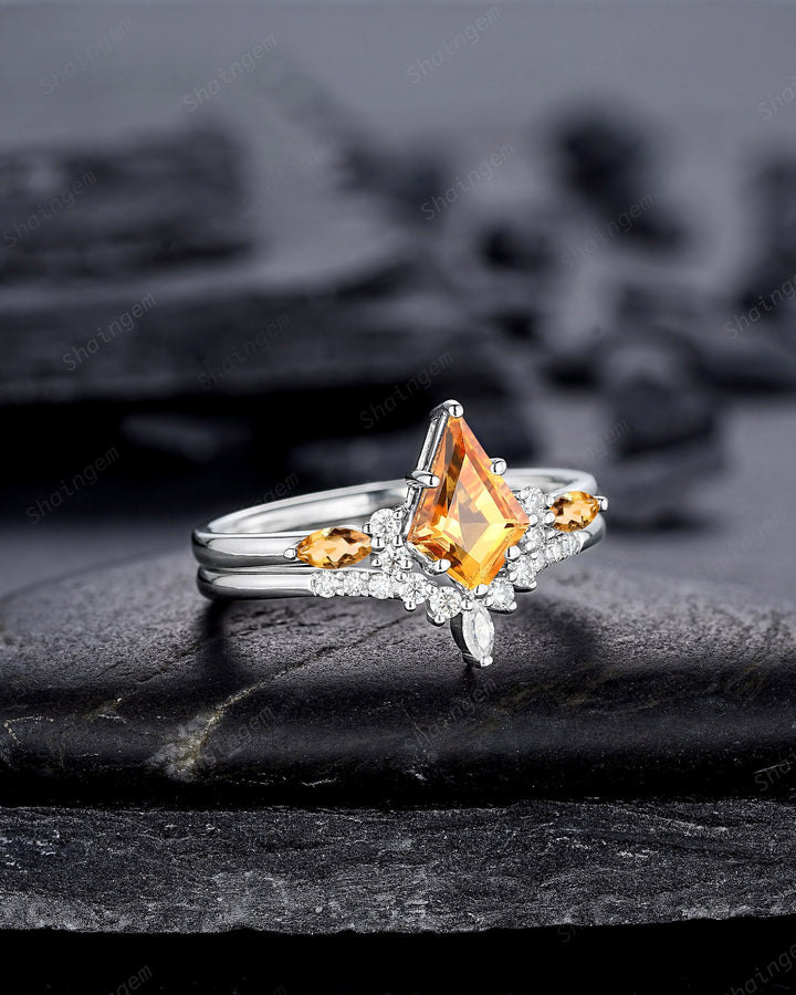 Vintage Kite Cut Citrine and Diamond Engagement Ring Set, Unique 14K White Gold Citrine Promise Ring, Wedding Ring Set Gift for Women - ShainJewelry