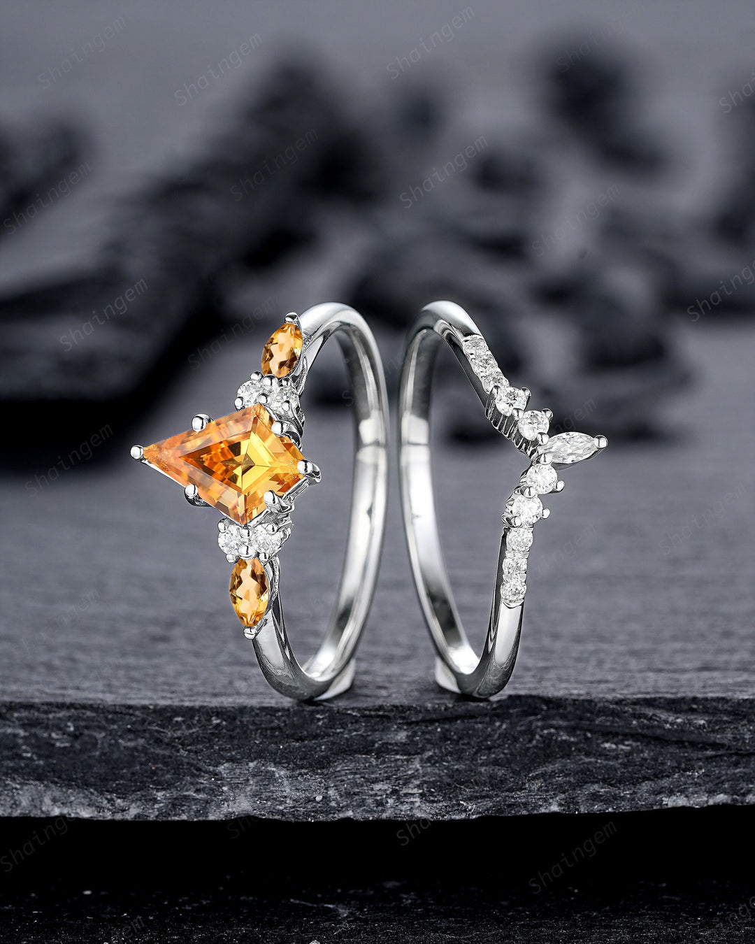 Vintage Kite Cut Citrine and Diamond Engagement Ring Set, Unique 14K White Gold Citrine Promise Ring, Wedding Ring Set Gift for Women - ShainJewelry