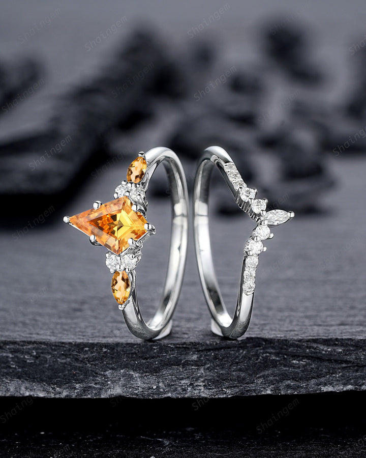 Vintage Kite Cut Citrine and Diamond Engagement Ring Set, Unique 14K White Gold Citrine Promise Ring, Wedding Ring Set Gift for Women - ShainJewelry