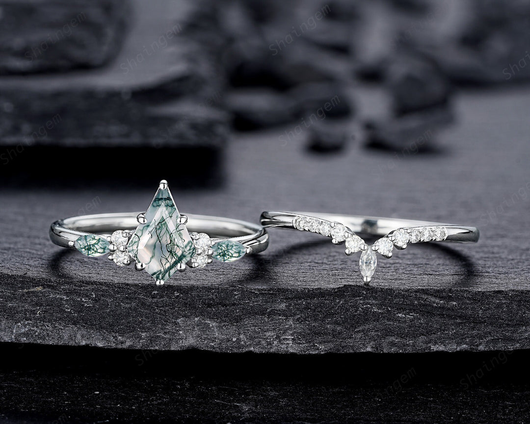 Platinum Kite Shape Moss Agate Engagement Ring Set, White Gold Sterling Silver 925 Green Moss Agate Promise Anniversary Ring Gift for Women - ShainJewelry