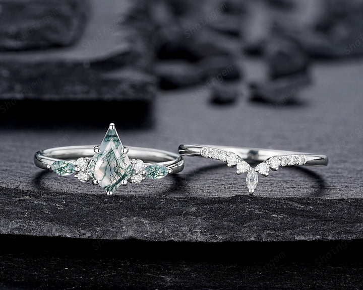 Platinum Kite Shape Moss Agate Engagement Ring Set, White Gold Sterling Silver 925 Green Moss Agate Promise Anniversary Ring Gift for Women - ShainJewelry