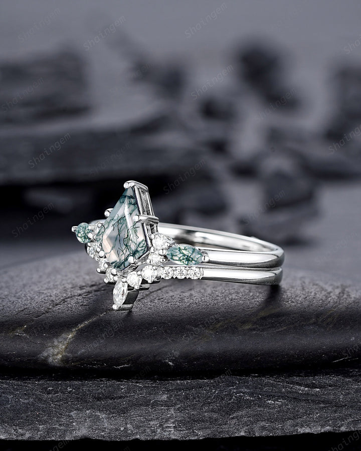 Platinum Kite Shape Moss Agate Engagement Ring Set, White Gold Sterling Silver 925 Green Moss Agate Promise Anniversary Ring Gift for Women - ShainJewelry