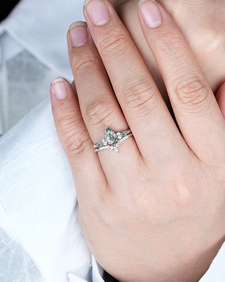 Platinum Kite Shape Moss Agate Engagement Ring Set, White Gold Sterling Silver 925 Green Moss Agate Promise Anniversary Ring Gift for Women - ShainJewelry