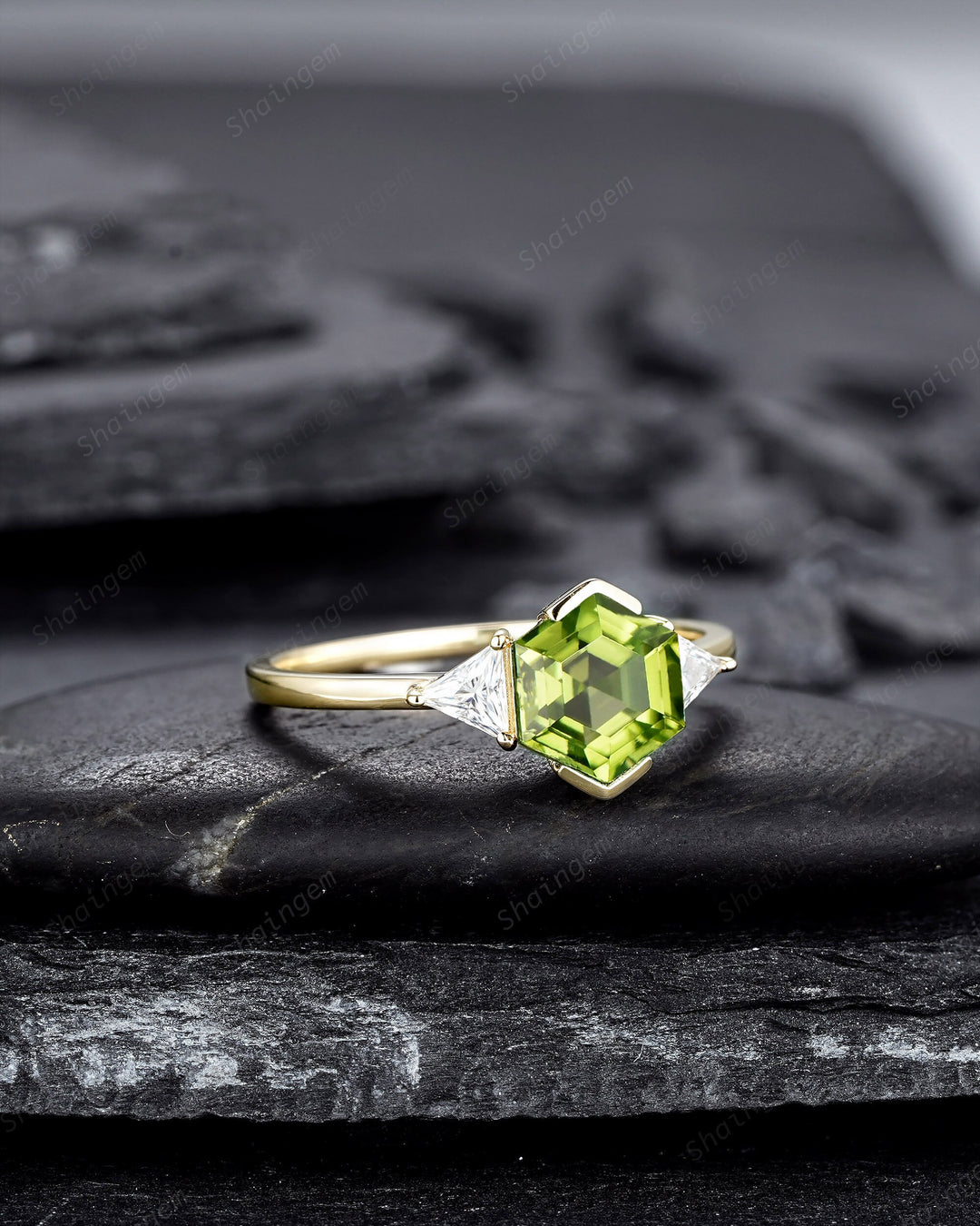 Vintage Hexagon Peridot Engagement Ring, 14K Yellow Gold Peridot Promise Ring, Half Bezel Anniversary Ring Gift, Three Stone Wedding Ring - ShainJewelry