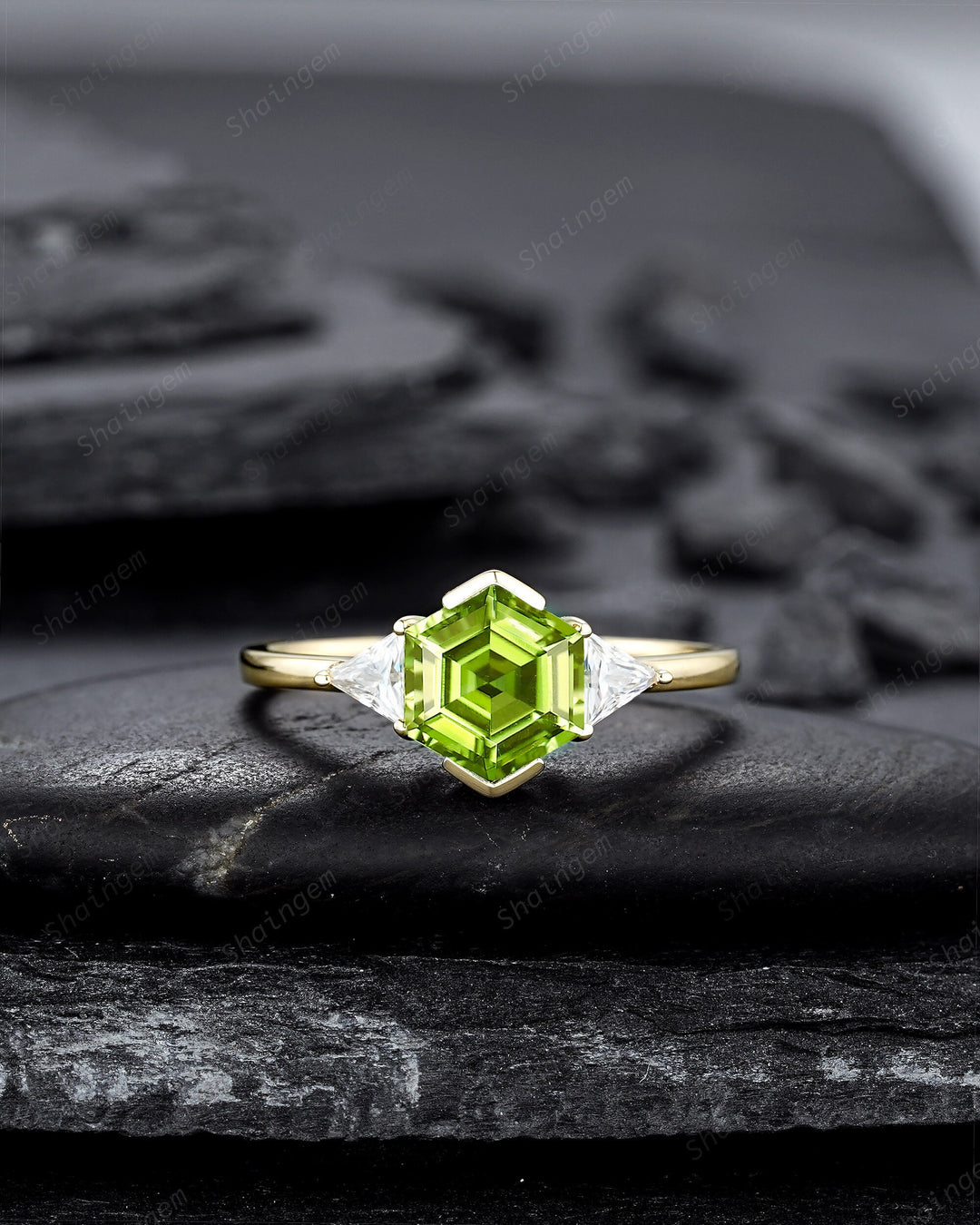 Vintage Hexagon Peridot Engagement Ring, 14K Yellow Gold Peridot Promise Ring, Half Bezel Anniversary Ring Gift, Three Stone Wedding Ring - ShainJewelry