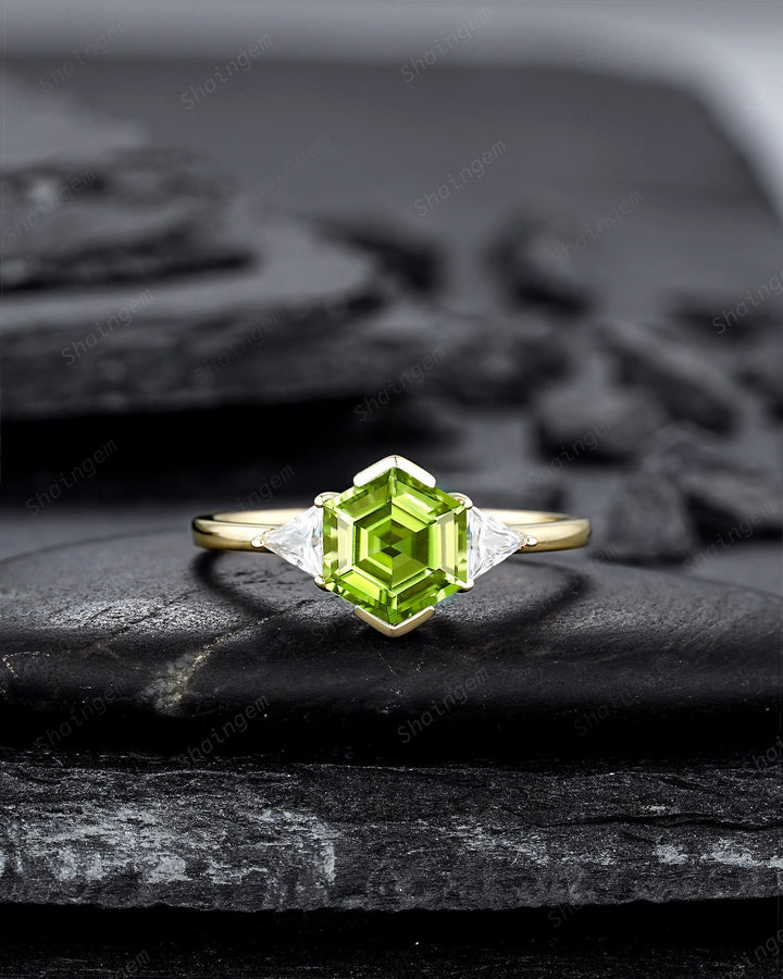 Vintage Hexagon Peridot Engagement Ring, 14K Yellow Gold Peridot Promise Ring, Half Bezel Anniversary Ring Gift, Three Stone Wedding Ring - ShainJewelry