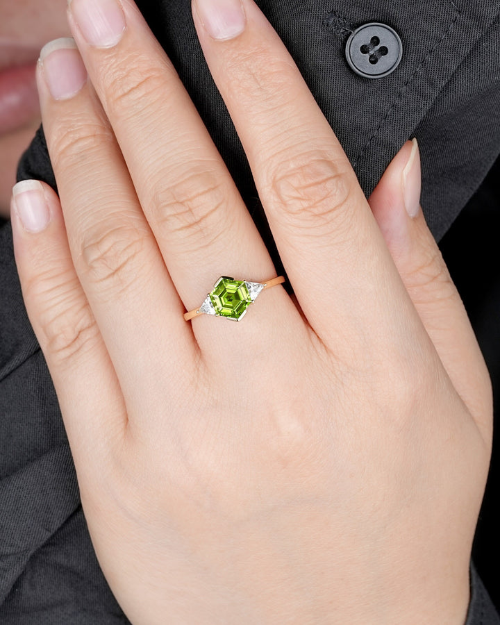 Vintage Hexagon Peridot Engagement Ring, 14K Yellow Gold Peridot Promise Ring, Half Bezel Anniversary Ring Gift, Three Stone Wedding Ring - ShainJewelry