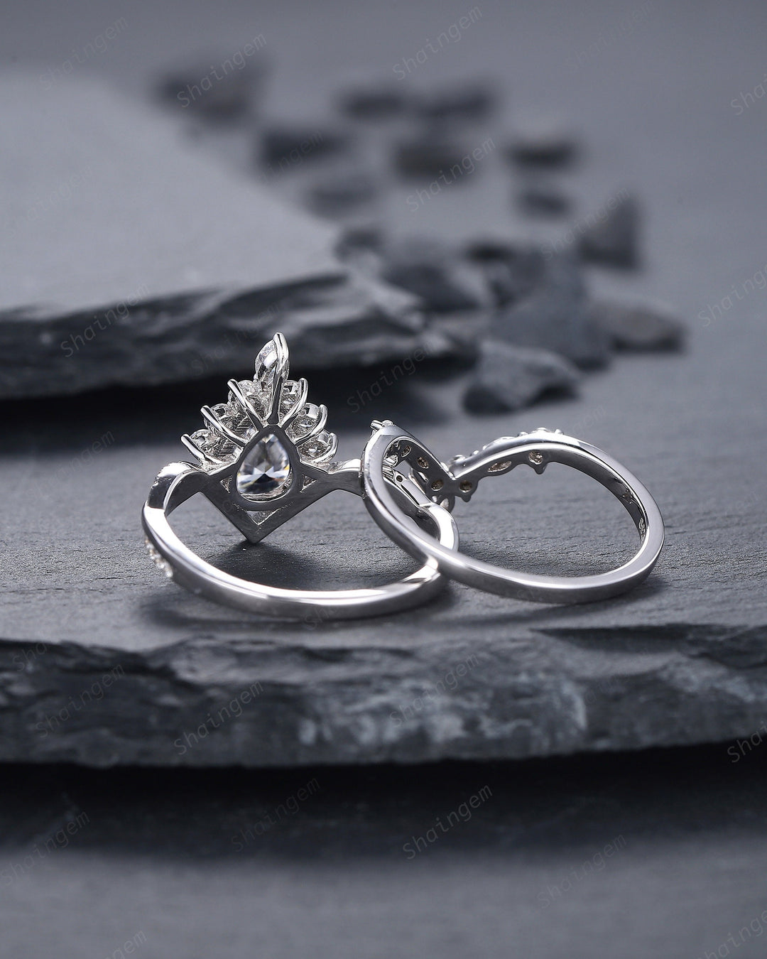 Platinum Pear Shape Gray Moissanite and Diamond Engagement Ring Set, 14K White Gold Halo Wedding Ring Bridal Set, V Shape Promise Ring Gift - ShainJewelry