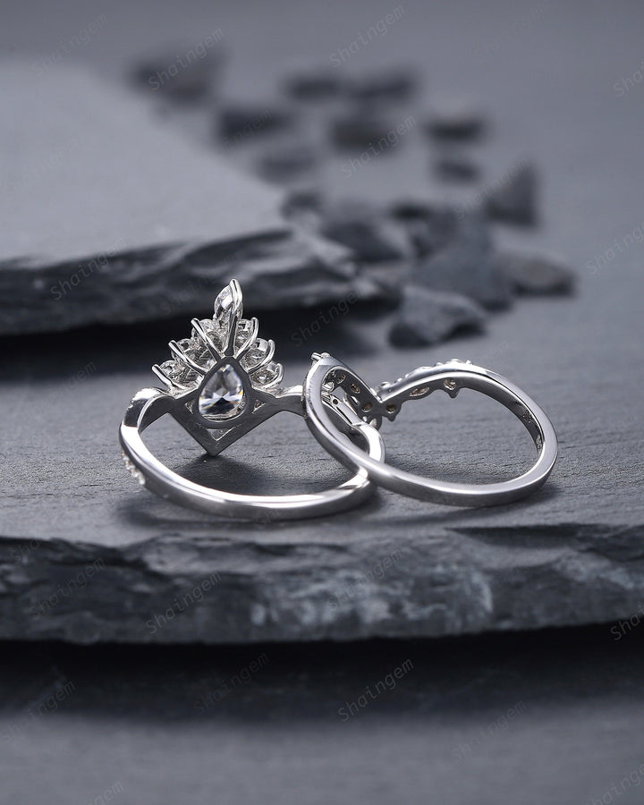 Platinum Pear Shape Gray Moissanite and Diamond Engagement Ring Set, 14K White Gold Halo Wedding Ring Bridal Set, V Shape Promise Ring Gift - ShainJewelry