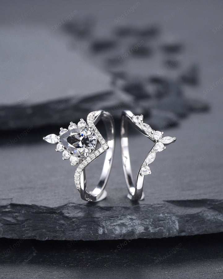 Platinum Pear Shape Gray Moissanite and Diamond Engagement Ring Set, 14K White Gold Halo Wedding Ring Bridal Set, V Shape Promise Ring Gift - ShainJewelry