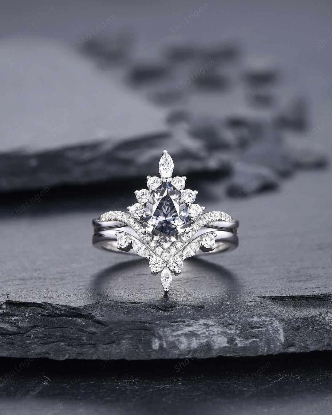 Platinum Pear Shape Gray Moissanite and Diamond Engagement Ring Set, 14K White Gold Halo Wedding Ring Bridal Set, V Shape Promise Ring Gift - ShainJewelry