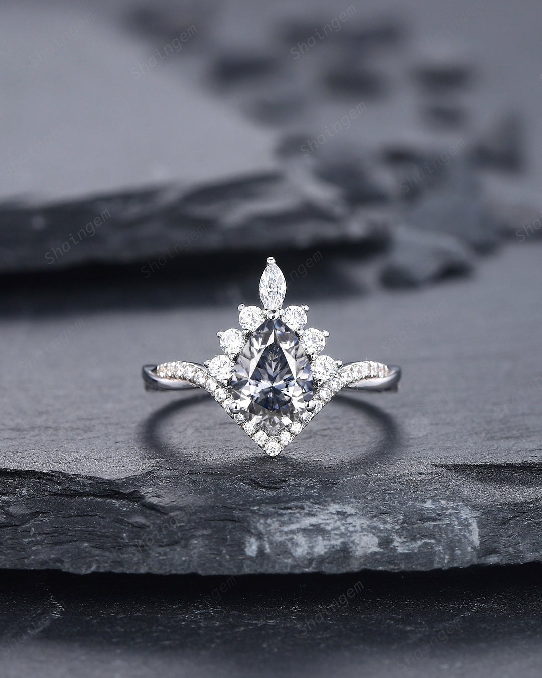 Platinum Pear Shape Gray Moissanite and Diamond Engagement Ring Set, 14K White Gold Halo Wedding Ring Bridal Set, V Shape Promise Ring Gift - ShainJewelry