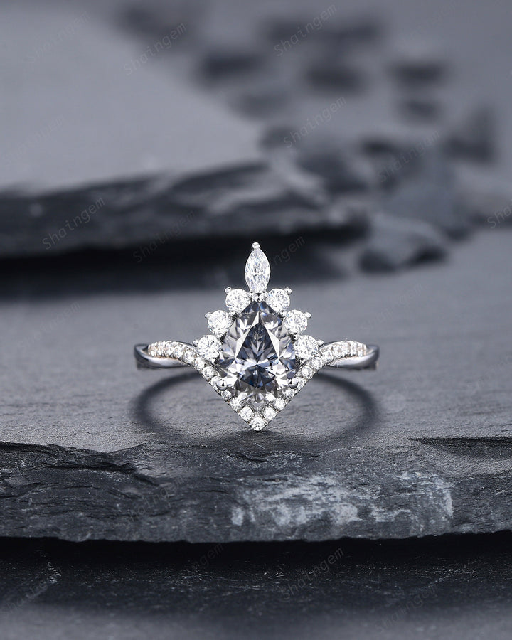 Platinum Pear Shape Gray Moissanite and Diamond Engagement Ring Set, 14K White Gold Halo Wedding Ring Bridal Set, V Shape Promise Ring Gift - ShainJewelry
