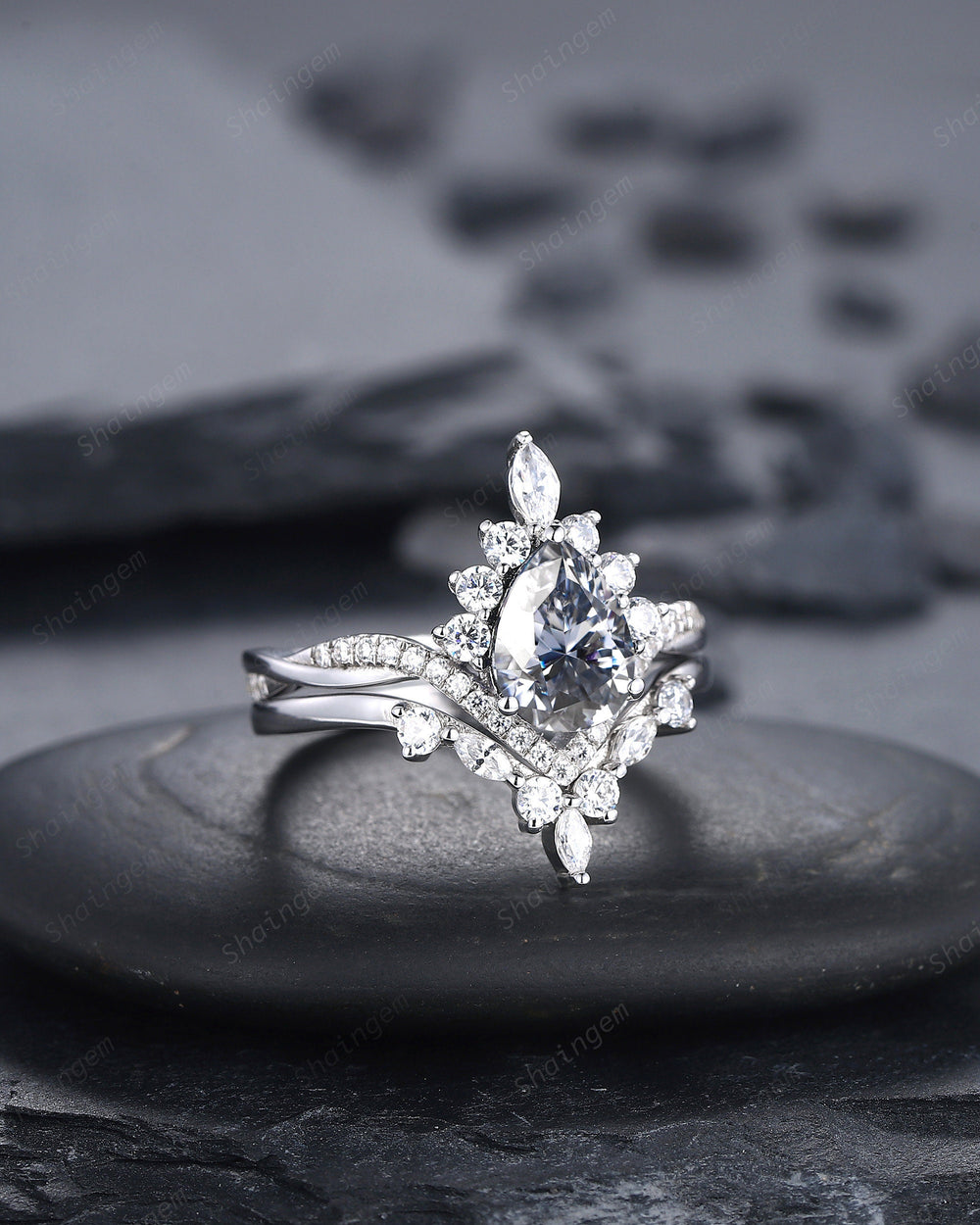 Platinum Pear Shape Gray Moissanite and Diamond Engagement Ring Set, 14K White Gold Halo Wedding Ring Bridal Set, V Shape Promise Ring Gift - ShainJewelry
