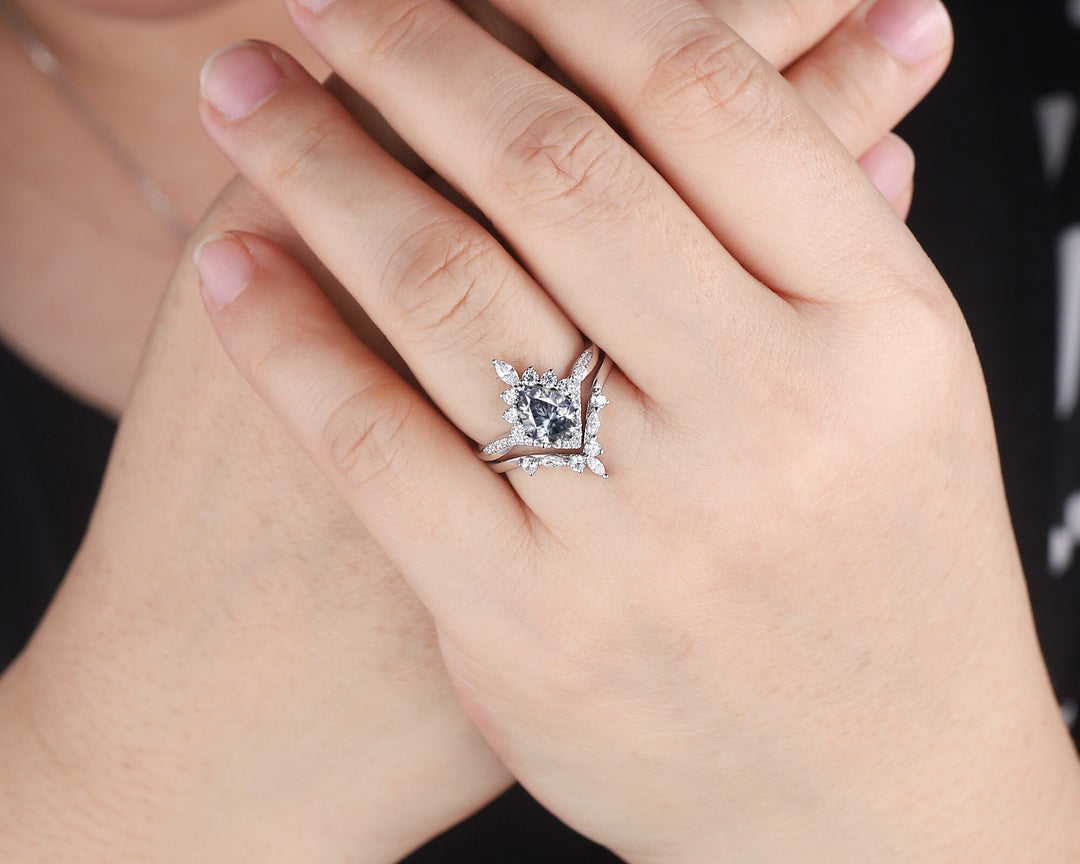 Platinum Pear Shape Gray Moissanite and Diamond Engagement Ring Set, 14K White Gold Halo Wedding Ring Bridal Set, V Shape Promise Ring Gift - ShainJewelry