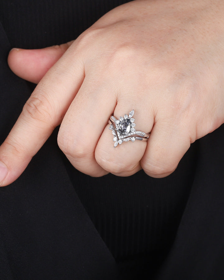 Platinum Pear Shape Gray Moissanite and Diamond Engagement Ring Set, 14K White Gold Halo Wedding Ring Bridal Set, V Shape Promise Ring Gift - ShainJewelry