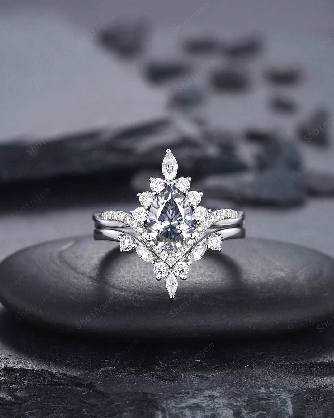 Platinum Pear Shape Gray Moissanite and Diamond Engagement Ring Set, 14K White Gold Halo Wedding Ring Bridal Set, V Shape Promise Ring Gift - ShainJewelry