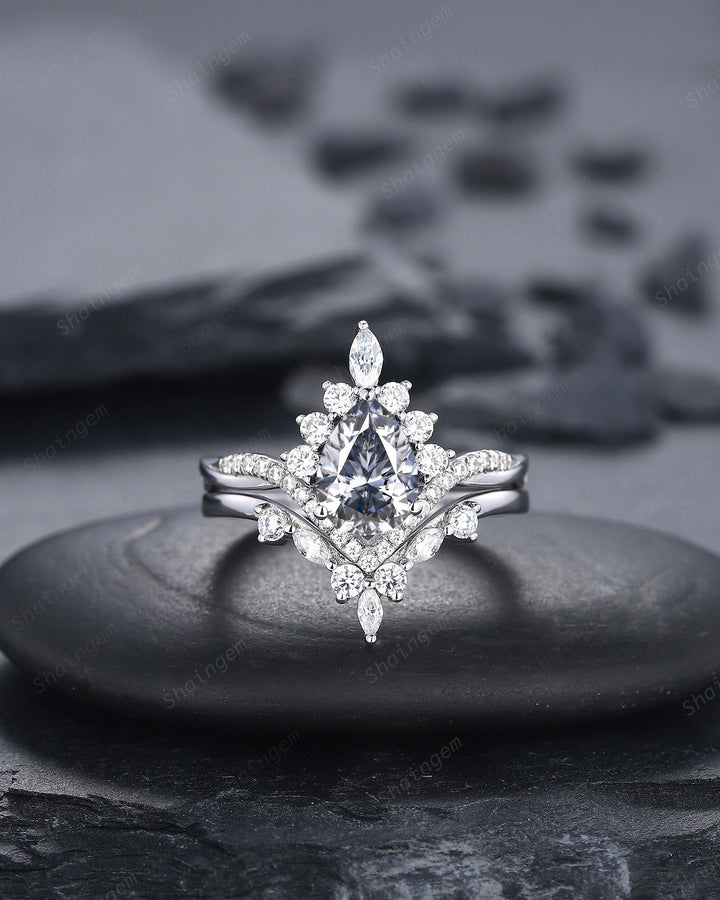 Platinum Pear Shape Gray Moissanite and Diamond Engagement Ring Set, 14K White Gold Halo Wedding Ring Bridal Set, V Shape Promise Ring Gift - ShainJewelry