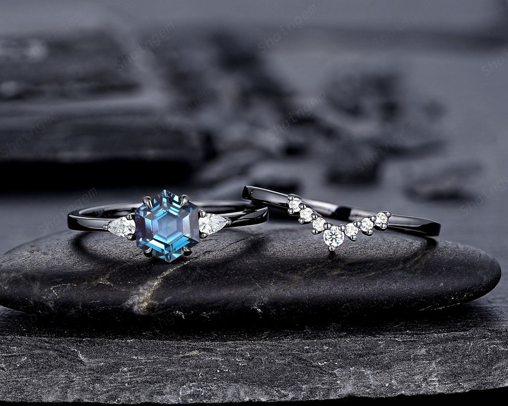 Black Gold Hexagon Alexandrite Engagement Ring Set, Gothic Black Rhodium Alexandrite Promise Ring, Witchy Black Promise Ring Gift for Women - ShainJewelry