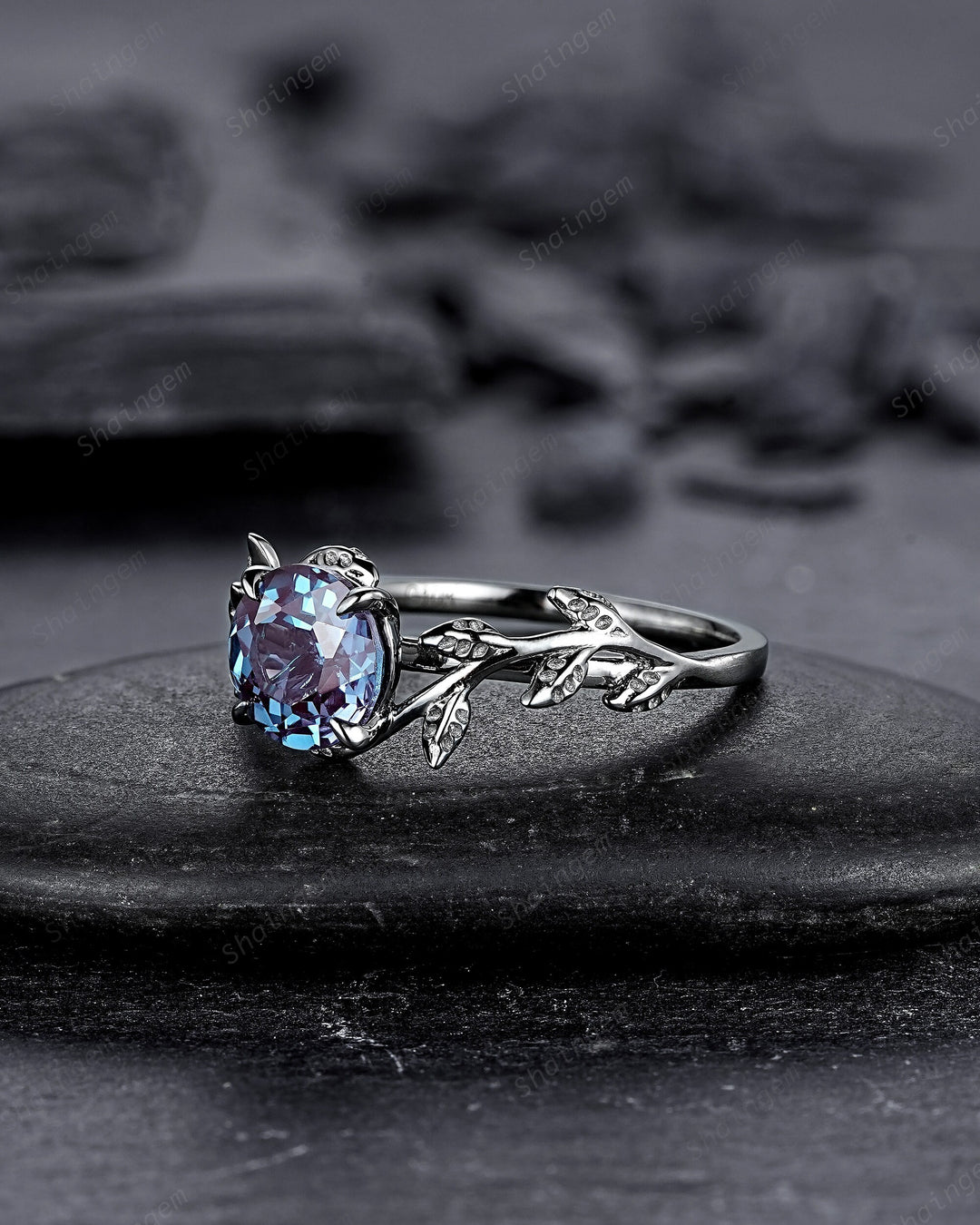 Unique Black Gold Round Shape Alexandrite Engagement Ring, Vintage Rhodium Black Hip Hop Leaf Wedding Ring June Birthstone Promise Ring Gift - ShainJewelry