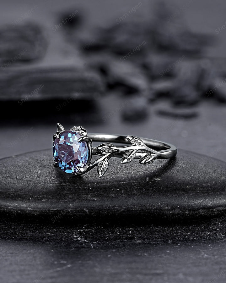 Unique Black Gold Round Shape Alexandrite Engagement Ring, Vintage Rhodium Black Hip Hop Leaf Wedding Ring June Birthstone Promise Ring Gift - ShainJewelry