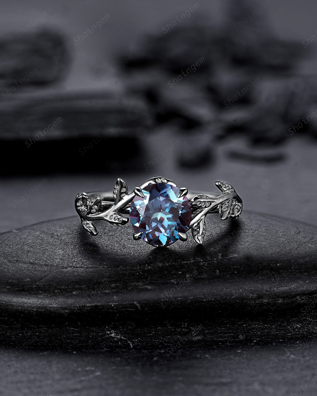 Unique Black Gold Round Shape Alexandrite Engagement Ring, Vintage Rhodium Black Hip Hop Leaf Wedding Ring June Birthstone Promise Ring Gift - ShainJewelry
