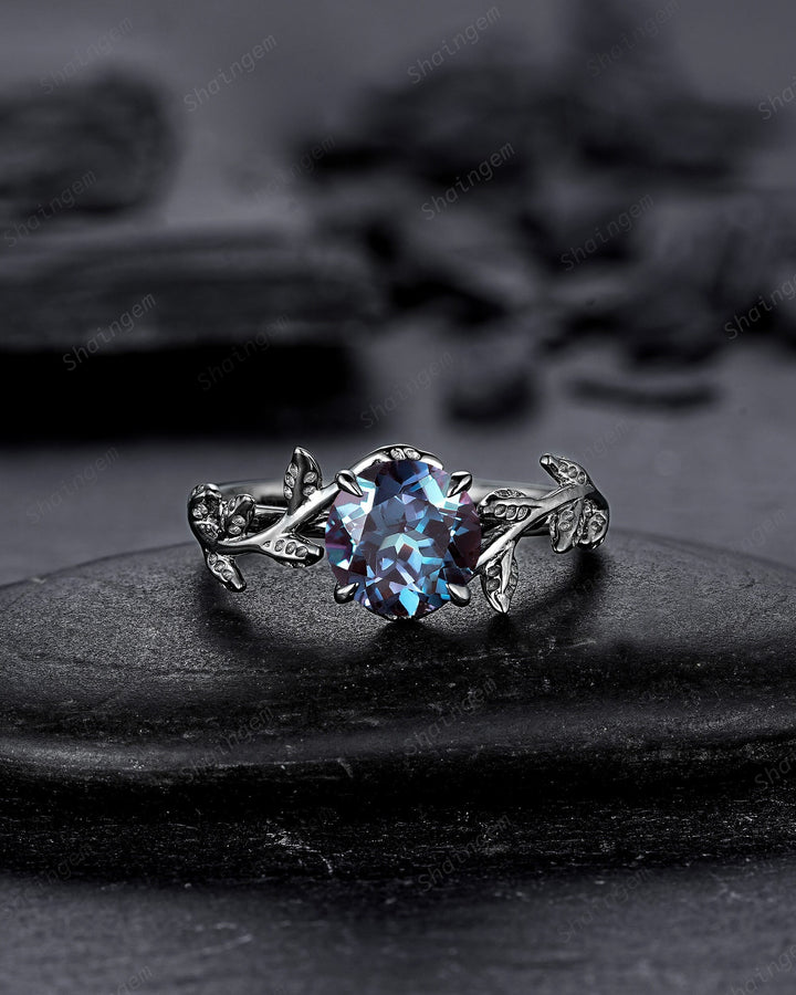 Unique Black Gold Round Shape Alexandrite Engagement Ring, Vintage Rhodium Black Hip Hop Leaf Wedding Ring June Birthstone Promise Ring Gift - ShainJewelry