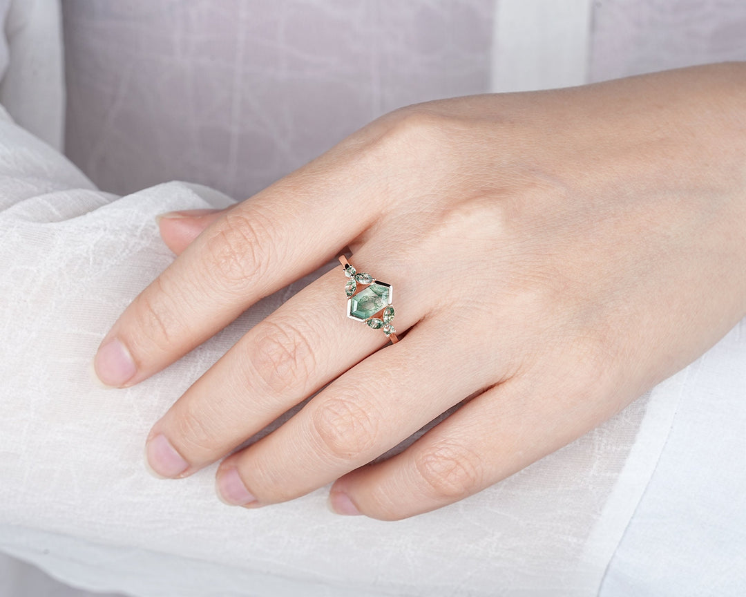 Vintage Hexagon Cut Cluster Moss Agate Engagement Ring, Silver Moss Agate Promise Ring, 14K Rose Gold Wedding Ring Anniversary Gift for her - ShainJewelry