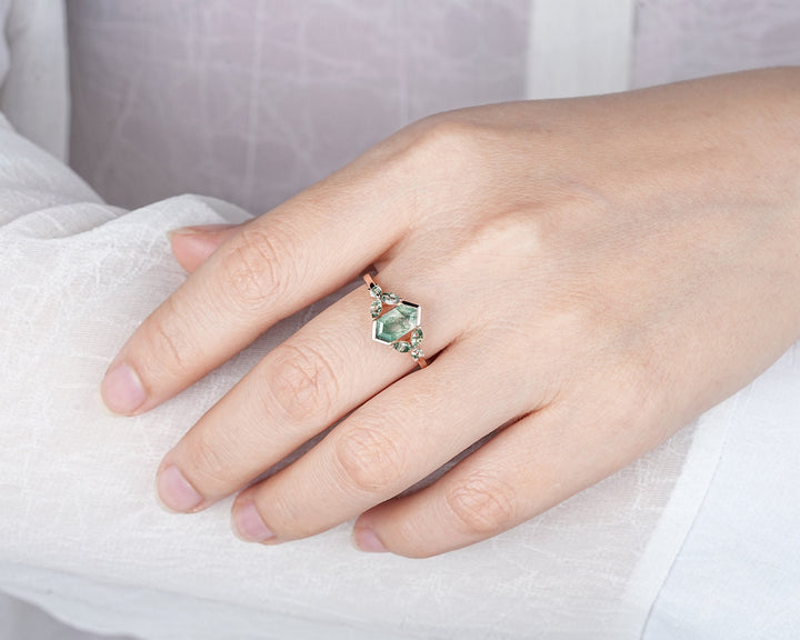 Vintage Hexagon Cut Cluster Moss Agate Engagement Ring, Silver Moss Agate Promise Ring, 14K Rose Gold Wedding Ring Anniversary Gift for her - ShainJewelry