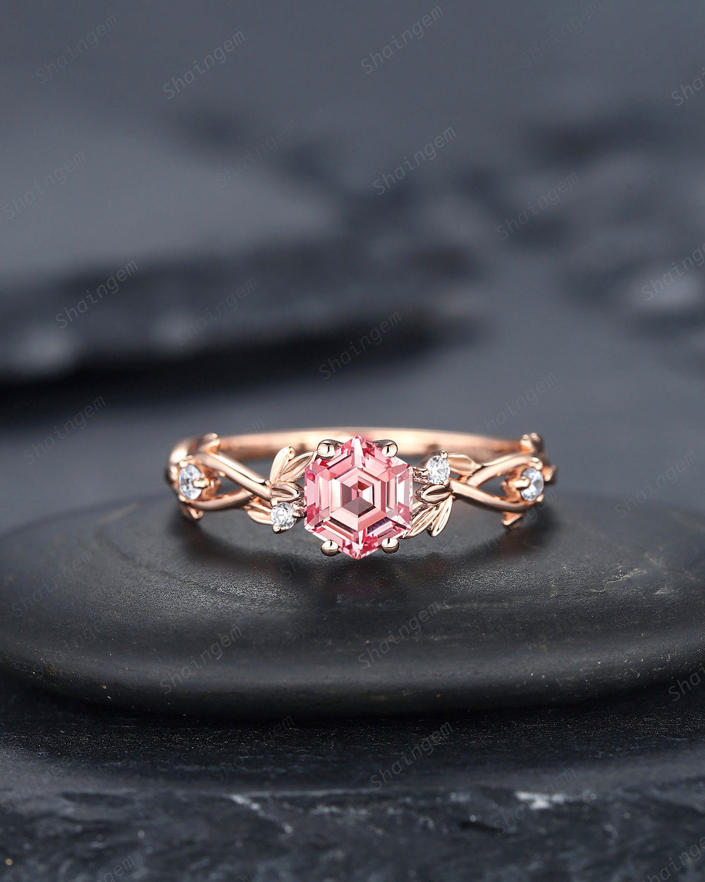Vintage Hexagon Cut Pink Sapphire and Diamond Engagement Ring, Unique 14K 18K Rose Gold Promise Ring Twig Branch Wedding Ring Gift for Women